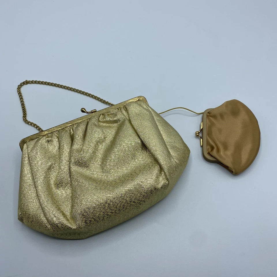 Bolso sin asas de noche vintage After Five By Land M tono dorado con monedero y cadena Foto 2 de 4