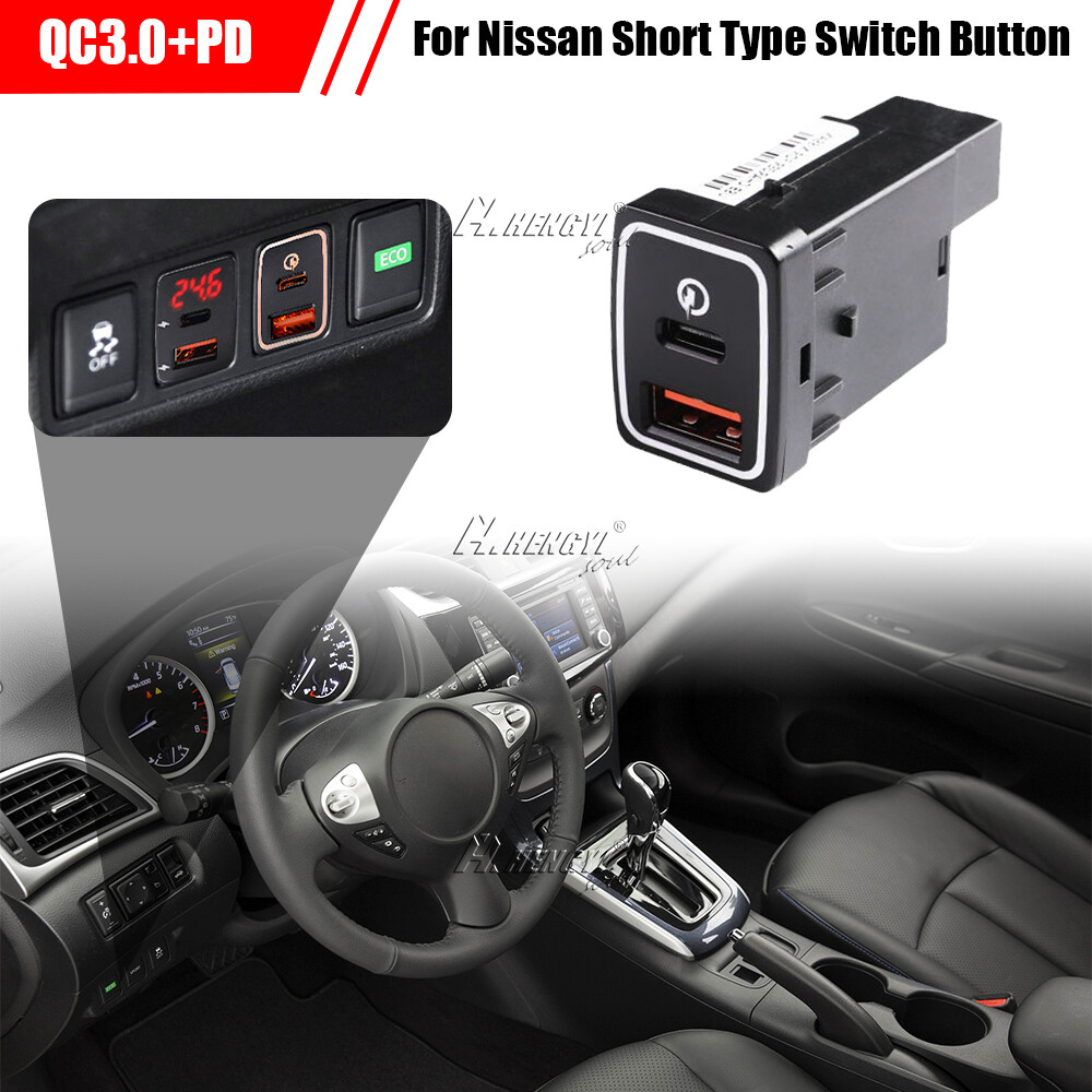 Switch Button Convert USB-C PD USB-A QC3.0 Port Socket For Nissan 