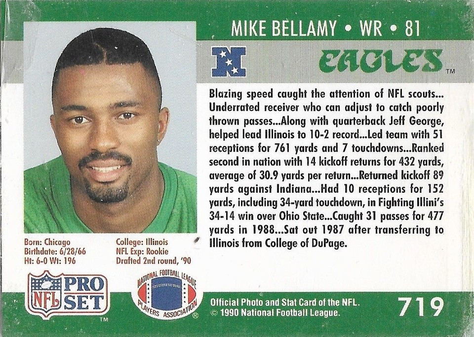 1990 NFL Pro Set Draft 2nd Round Mike Bellamy 719 Philadelphia Eagles