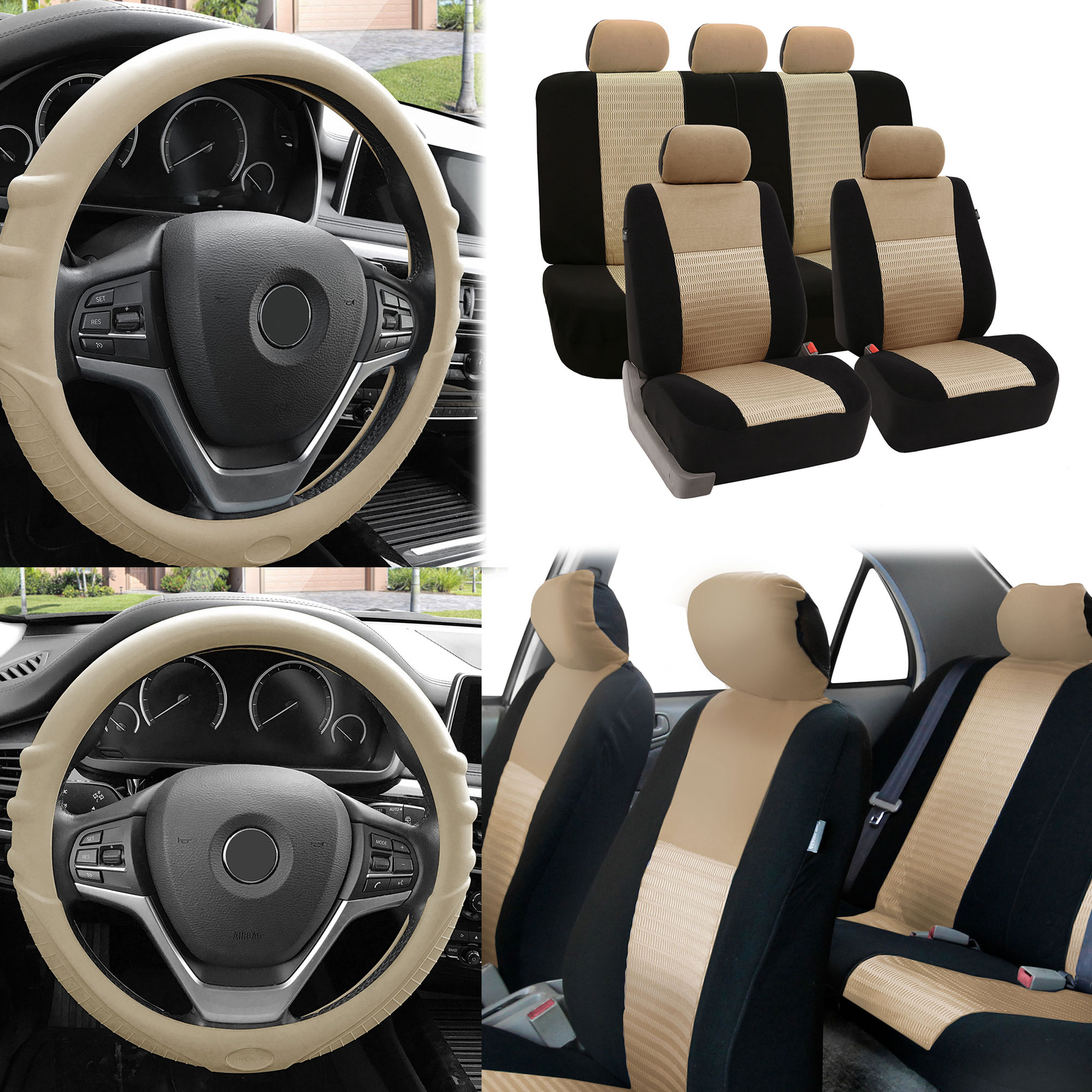 Beige Seat Covers for Auto Car Sedan SUV Auto w/ Silicone Steering Cover Combo