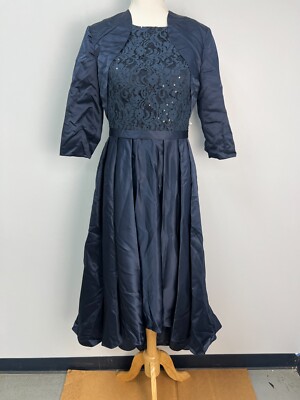 JJs House Blue Satin Hi Low Satin Lace Mother of Bride Dress &Jacket Sz 8 179215