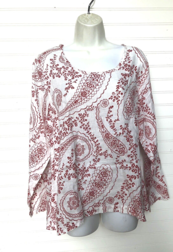 FLAX Red/White Paisley 100% Linen Long Sleeve Top S - Picture 1 of 8
