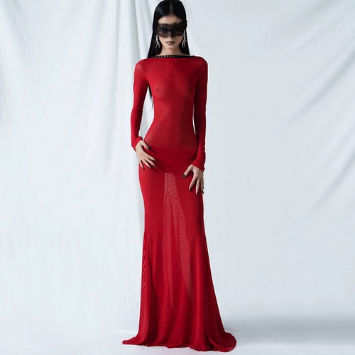 See-Through Mesh Maxi Bodycon Dress Party Evening Sheer Sexy Nightdress Women - Bild 1 von 26