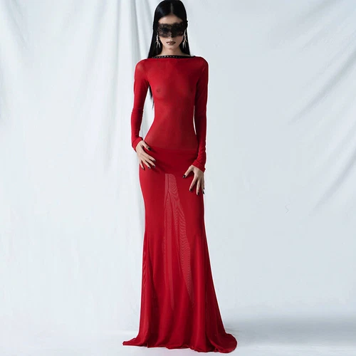 See-Through Mesh Maxi Bodycon Dress Party Evening Sheer Sexy Nightdress Women - Bild 2 von 26