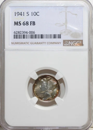 1941-S 10C Mercury Dime, NGC MS68 FB, full bands