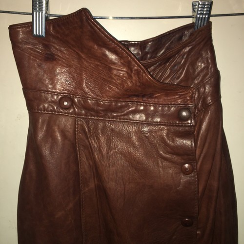 100% Kid Leather Button-Up Lined Cocoa Brown High Waist Flared Box Pleat Skirt - Picture 7 of 10