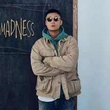 Men Casual Workwear Loose Button Coat Military Style Bag Button Workwear Jacket