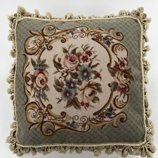 VTG French Victorian Floral Petit Needlepoint Pillow Roses Tassels Blue 16" Wool