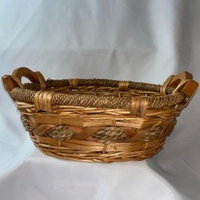 Vintage Oval Hand-Woven Wicker/Rattan Basket Wooden Base Built In Handles