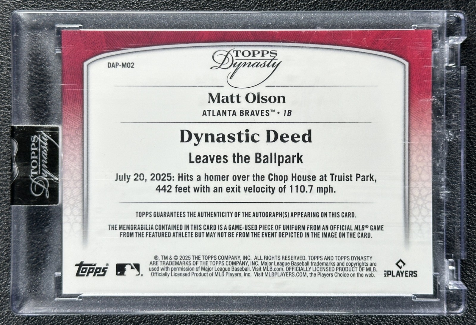 MATT OLSON 2025 TOPPS DYNASTY #DAP-MO2 GAME USED PATCH AUTO SILVER 4/5 BRAVES view 2
