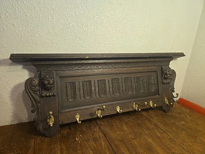 Antique.Hand Carved Wood Coat Hat Rack Lion Heads 7 Hook - Image 1 of 4