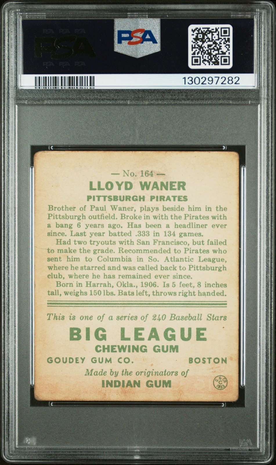 1933 GOUDEY #164 LLOYD WANER PSA 2.5 view 2