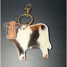 Western Cow Hair on Hide Leather Keychain Brown White Spotted Animal Bag Charm