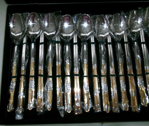 NIP 42 PC Happy Long Life Korean Asian Soup Spoon Forks/Chopsticks Set Two-toned - Picture 7 of 12