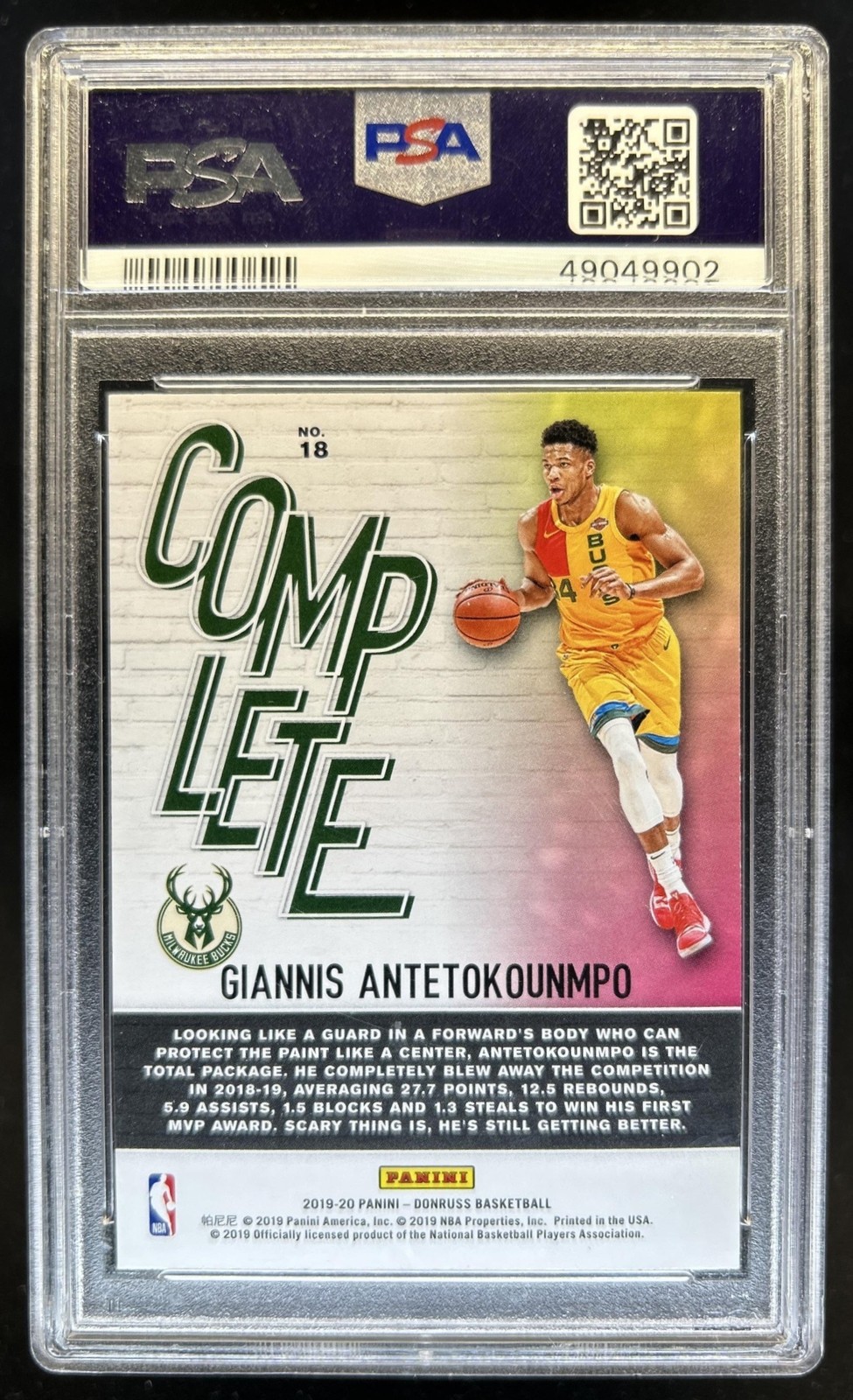 2019-20 Panini Donruss Giannis Antetokounmpo Complete Players #18 Bucks PSA 9 view 2