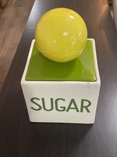 Vintage Sugar Canister Holiday Designs Bubbletop Mcm Ball Green Yellow Ceramic