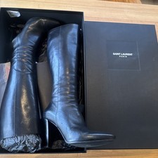 Saint Laurent Lily95 Black Leather Knee High Block Heel Boots EU41 AU10 Nero