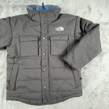 The North Face Puffer Jacket Youth Medium Gray Plaid Lined Insulated Winter Zip