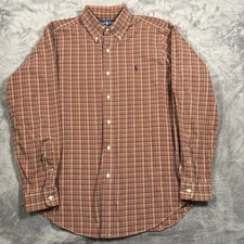 Ralph Lauren Shirt Mens Medium Orange Blue Plaid Classic Fit Logo Button Down