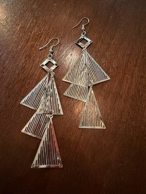 Silver Tone Triple Triangle Dangle Earrings Graduated Geometric Cutout Art Deco