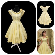 Vintage'50s Mid Century Yellow Cotton Dress Fit Flare Full Skirt Garden Party