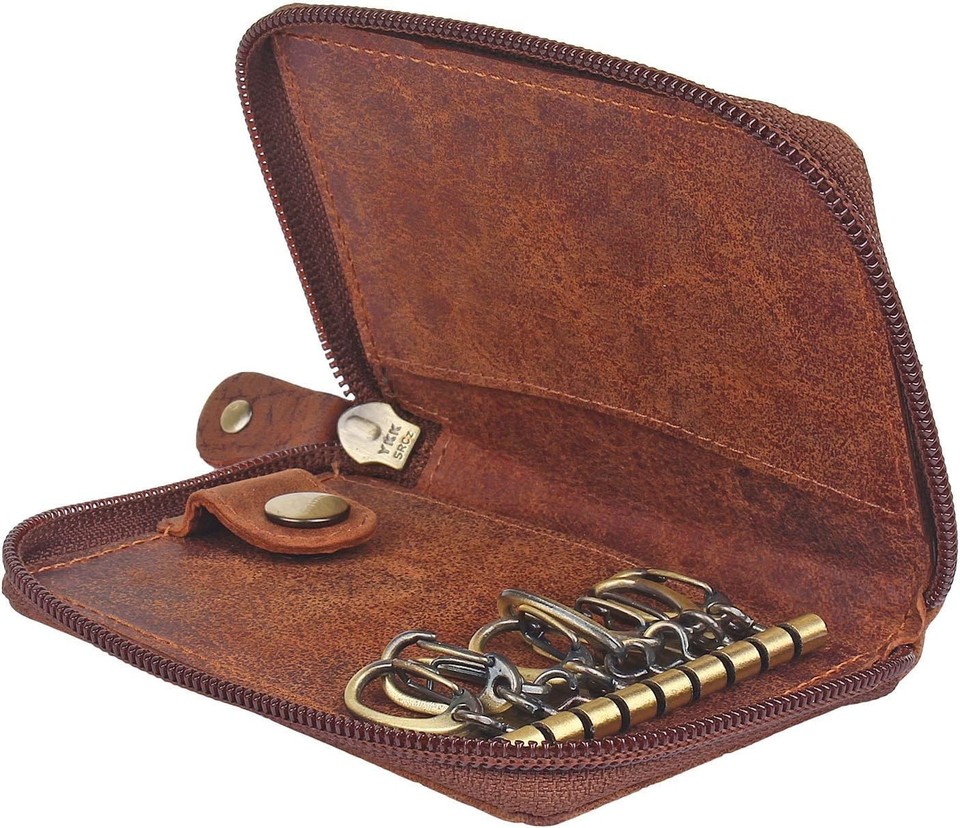 RUSTIC TOWN Leder Schlüsseletui Mit Reißverschluss – Organizer Für 8 Schlüssel, Karten & Bargeld | Geschenkidee