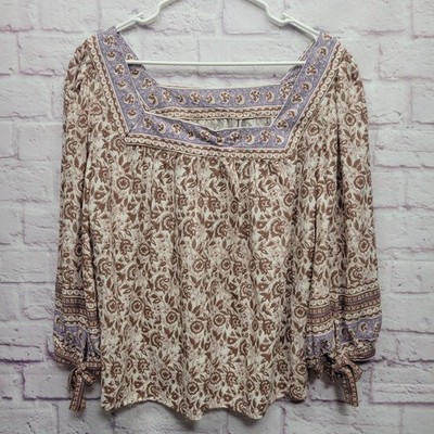 Boho Tie Sleeve Floral Peasant Blouse Sz L Flowy Hippie Print Cottage Festival