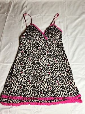 Y2K Jennifer Moore Intimates Cheetah Print Slip Dress Pink Lace Trim Womens M