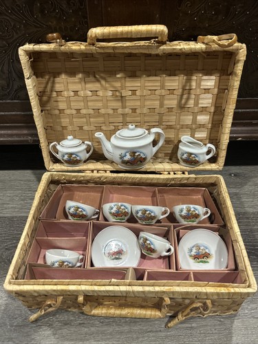 Vintage 1940’s Child’s Porcelain Tea Set Japan Bunny In Race car 11 Pc W/ Basket