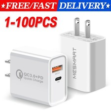 1-100 Pack Dual Port USB Type C Fast Wall Charger Block Home US Plug Universal