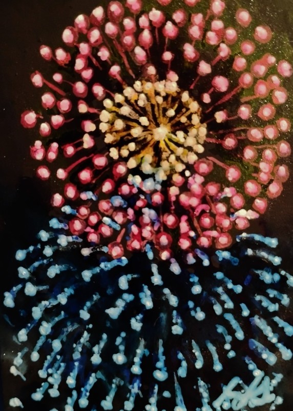 ACEO Original OOAK "Triple Burst" Fireworks mixed media painting. Signed ATC