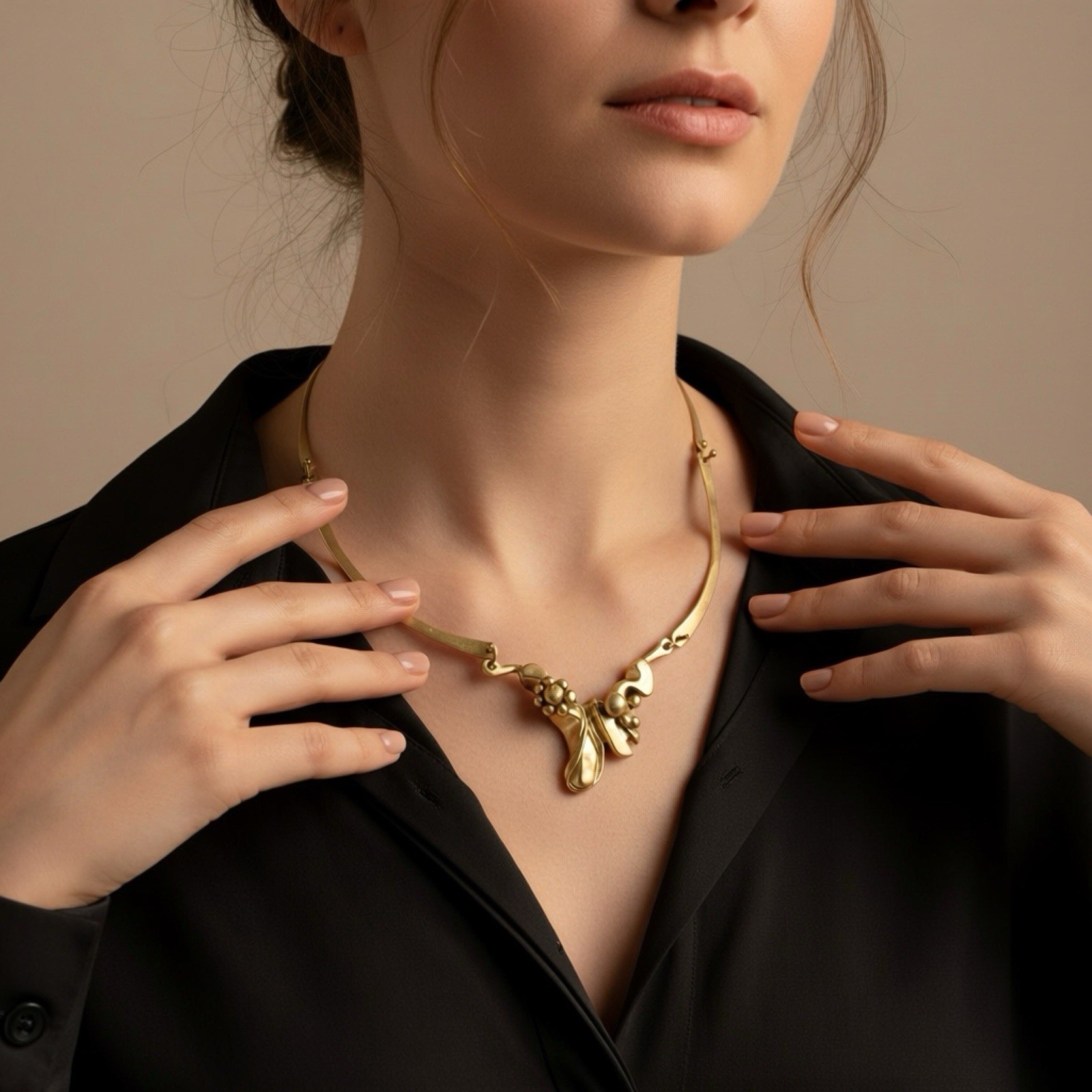 Brutalist Brass Statement Necklace Sculptural Mod… - image 2