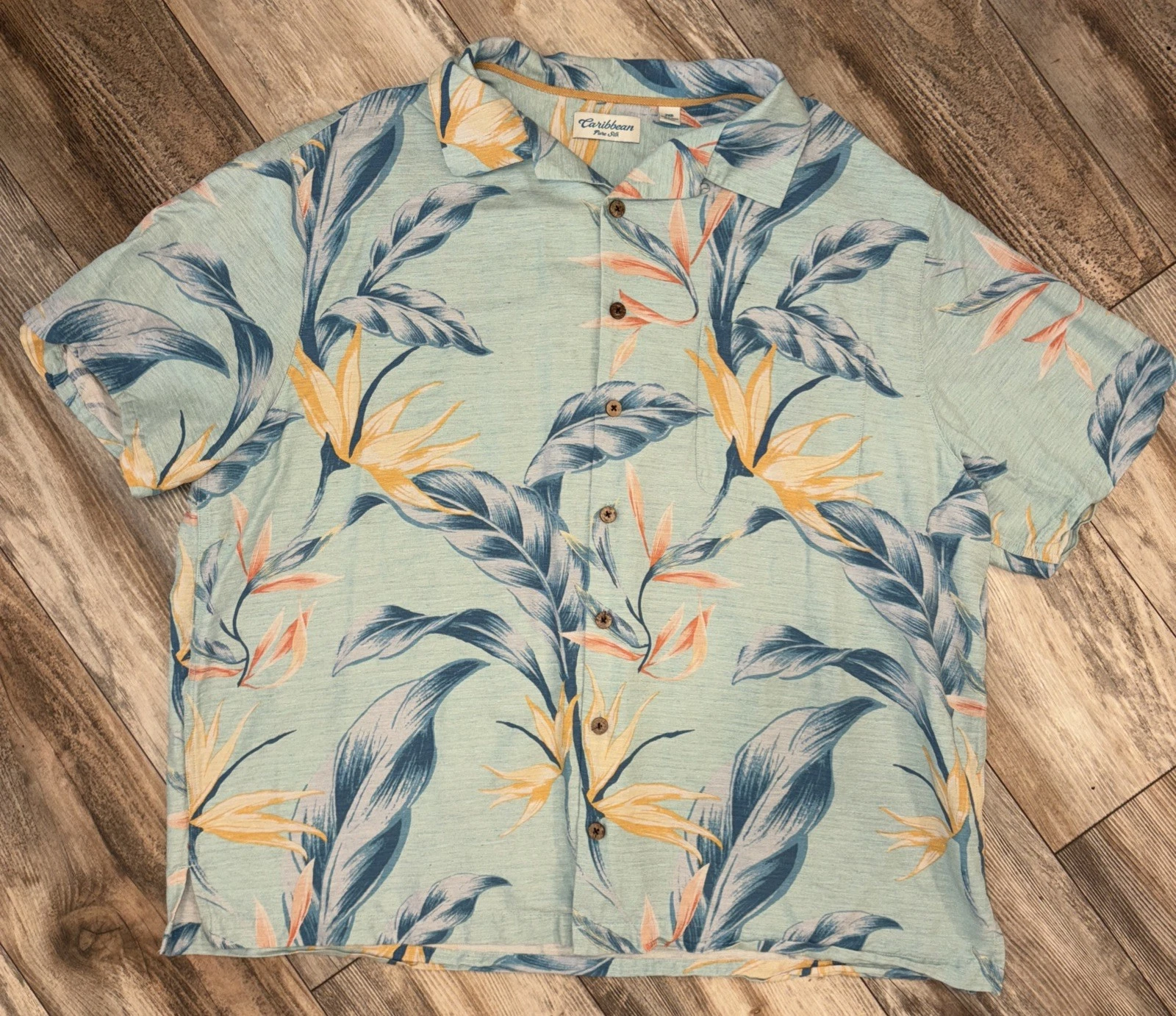 Caribbean Pure Silk Hawaiian Style Shirt Men's 2XL Short Sleeve Palm Leaves Blue