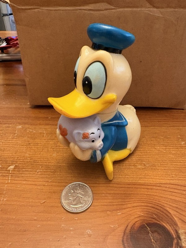 Vtg Rubber Donald Duck With Pig Coin Bank 5” Walt Disney Productions