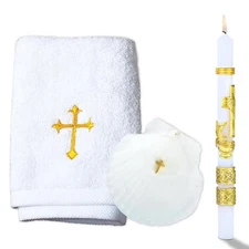 Baptism Candle Set for Boys and Girls - Baptism Kit Include Towel, Shell and ...