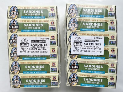 12x Season Wild Caught Sardines Boneless Skinless in 100% Pure Olive Oil 4.38oz