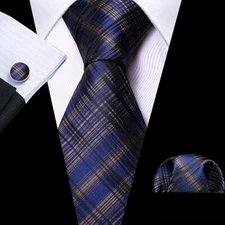 Barry.Wang Designer Classic Ties for Men Set Formal Pocket Square Cufflink/ Blue