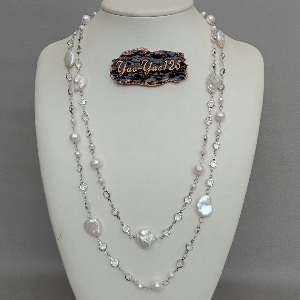 Collar Largo Cadena Pavé Circonita Circonita Chapado en Oro Blanco Perla Keshi Blanca Cultivada 42" Foto 3 de 4