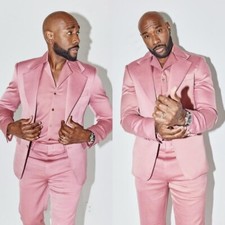 Pink Men's Suit Party Satin Silk 2Pcs Causal Daily Hosting Evening Jacket Coat