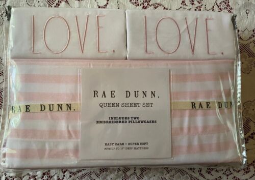 NEW RAE DUNN QUEEN Cottagecore Sheet Set LOVE 2 Embroidered Pillowcases Pink