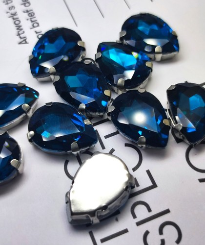 10 13x18 Blue zircon Silver Teardrop Pear Sew On Crystals Glass Rhinestone Beads - Picture 2 of 5