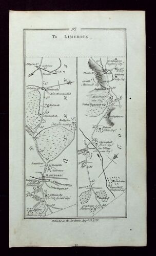 IRLANDIA, MARYBORO (PORTLAOISE), NENAGH, antyczna mapa drogowa, Taylor & Skinner, 1783 - Zdjęcie 1 z 4