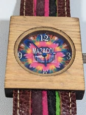 Artisan Colorful Dial Wood Rectangle Case Vegan Leather Band Watch