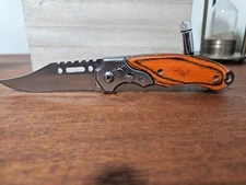 Wooden Handle Portable Tactical Folding Survival Pocket Knife W/LED Flash light