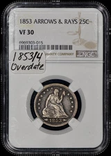 1853/4 Overdate Seated Liberty Quarter 25c Arrows & Rays NGC VF30
