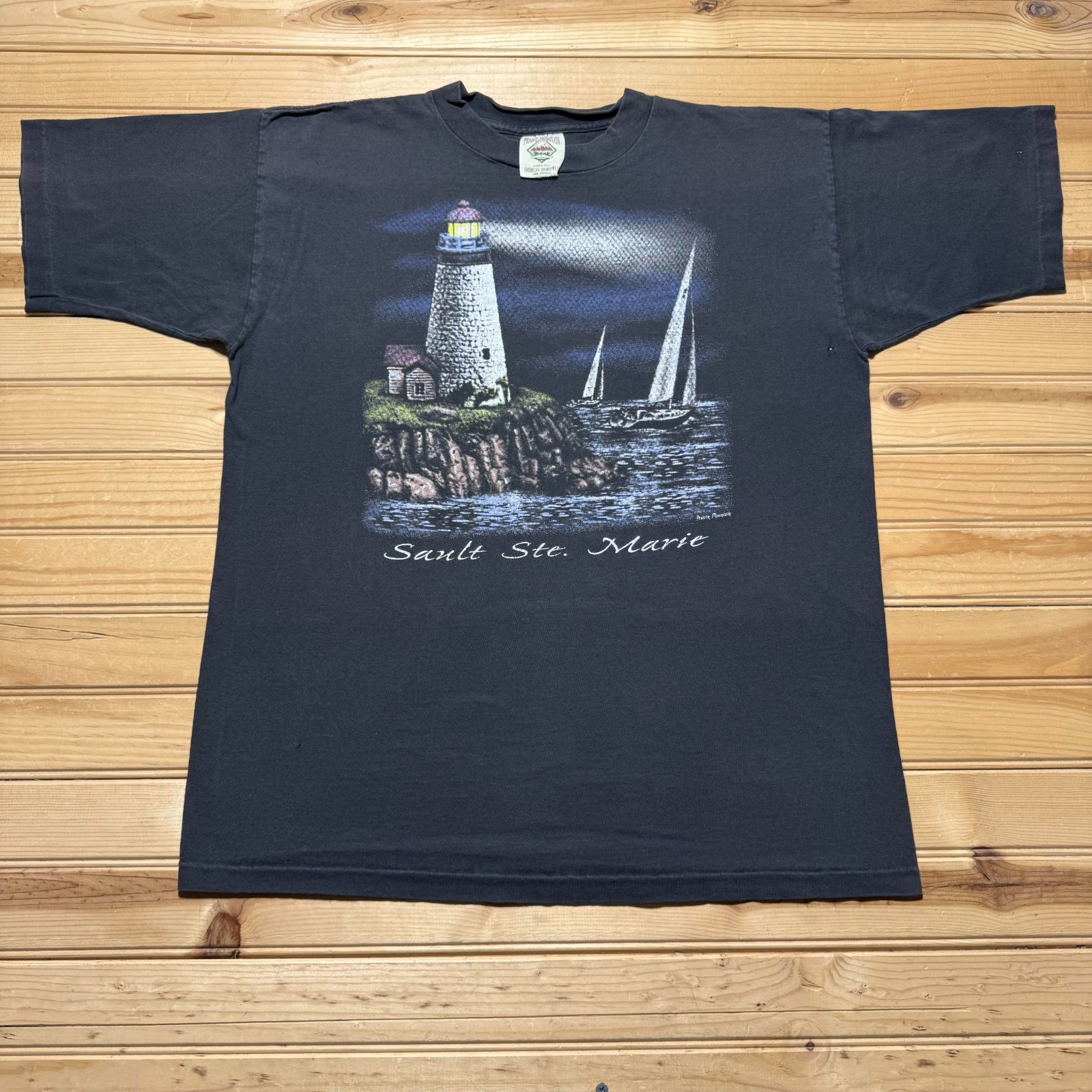 Vintage 90s Sault Ste Marie Michigan Lighthouse Boat Graphic T-Shirt USA - Large