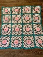 Handmade Granny Square Roses Crochet Baby Afghan Blanket 4  x4  Pink Green White