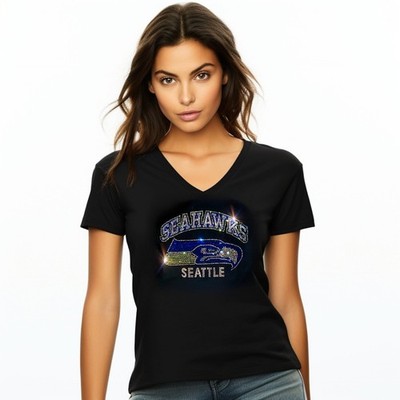 New Seattle Seahawks Rhinestone Relaxed fit Womens Sizing VNeck T-shirt S - 4X