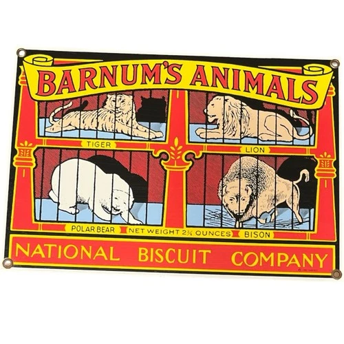 Vintage Ande Rooney Barnum's Animals Enamel Porcelain Metal Sign 11x8" Nabisco