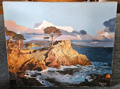 1967 Original Signed Painting California Coast Cypress Point Carmel Bay 30 x 25